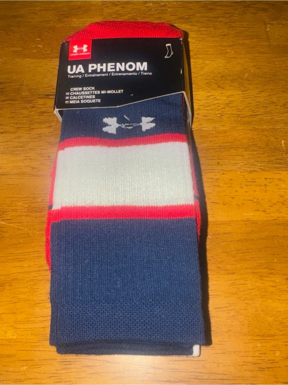 Under Armour Phenom 3 Pair Crew Socks Large Red White Blue Men’s New With Tags
